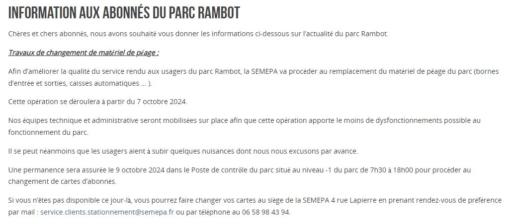 Information aux abonnés du parc RAMBOT